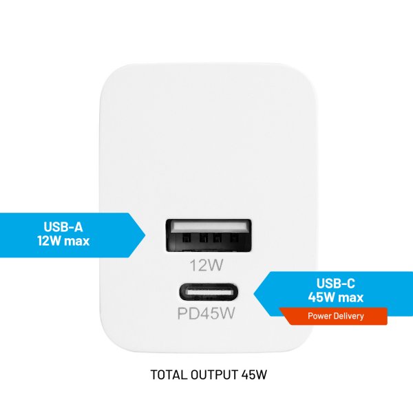 Fixed Laddare Dubbel Port 45W USB-C PD & USB-A