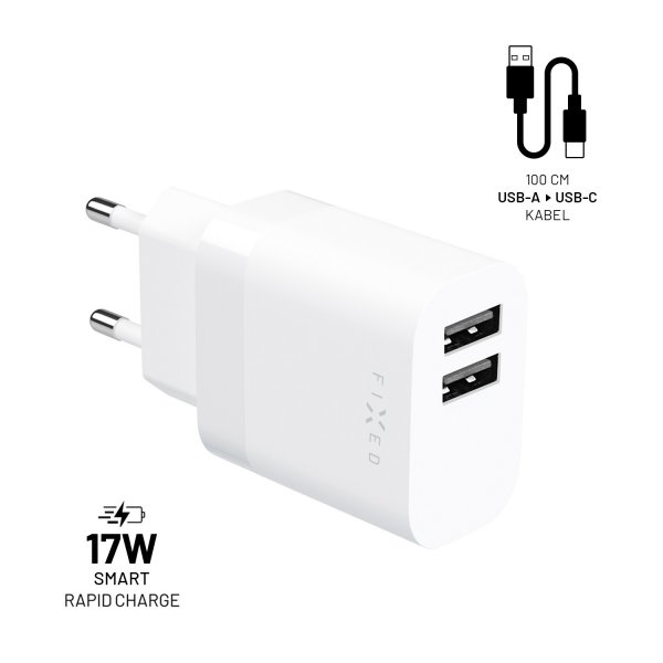 Fixed Laturi USB-C-kaapelilla 1m 2xUSB-A 17W Valkoinen