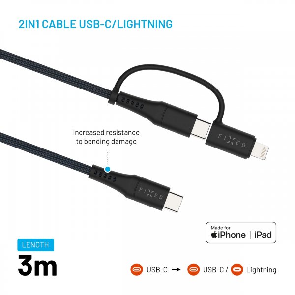 Fixed Kaapeli 2in1 USB-C/Lightning 60W 3m Musta