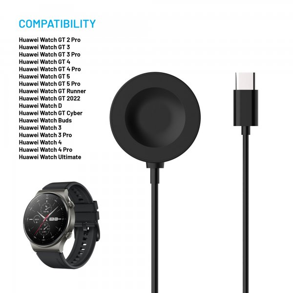 Kiinteä laturi Huawei Watch USB-C 1m Musta