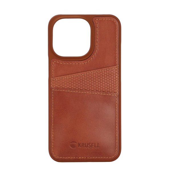 Krusell iPhone 14 Pro -suojakuori, Leather CardCover, konjakki