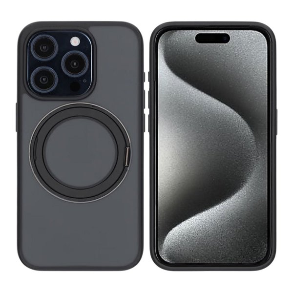 iPhone 15 Pro -suojakuori, jossa kääntyvä MagSafe-jalusta, musta