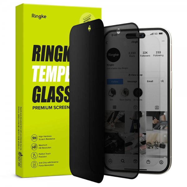 Ringke iPhone 15 Pro -näytönsuoja, Privacy Tempered Glass, asennuskehys