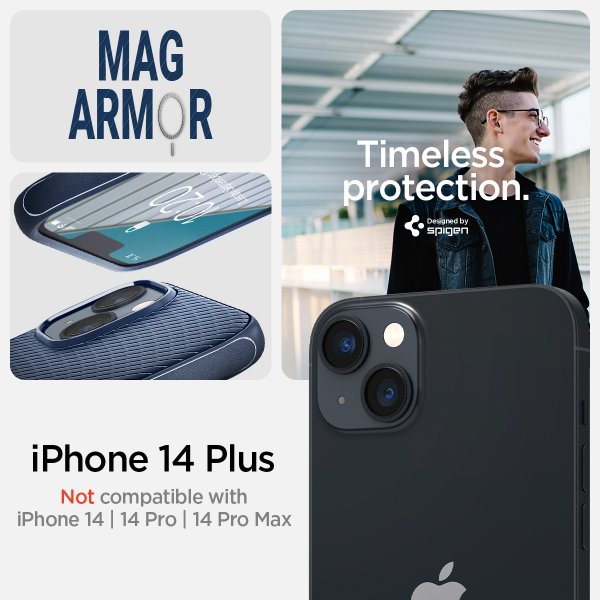 Spigen iPhone 14 Plus -suojakuori, Mag Armor MagFit Navy Blue