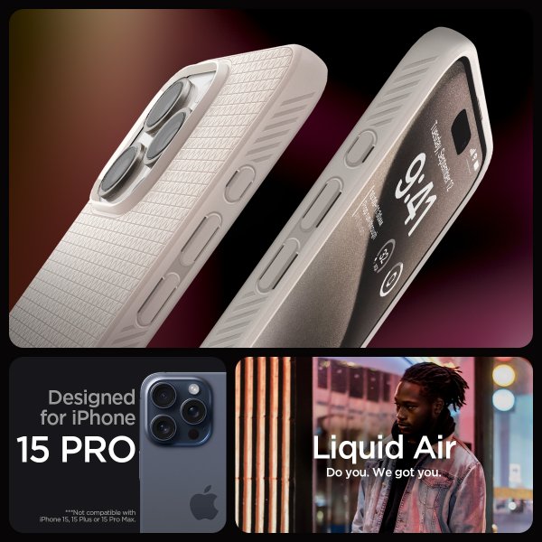 Spigen iPhone 15 Pro -suojakuori Liquid Air Natural Titanium