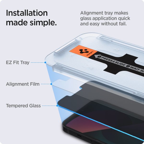 Spigen iPhone 13/13 Pro/14/16e/17e Näytönsuoja GLAS.tR EZ Fit Privacy 2-pack
