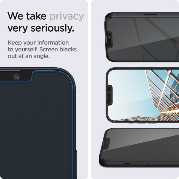 Spigen iPhone 13/13 Pro/14/16e/17e Näytönsuoja GLAS.tR EZ Fit Privacy 2-pack