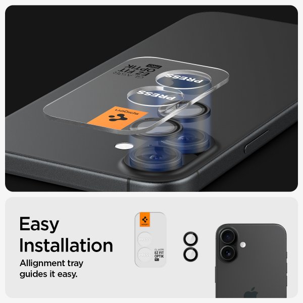 Spigen iPhone 16/iPhone 16 Plus -kameransuoja GLAS.tR EZ Fit Optik Pro, 2 kpl, musta