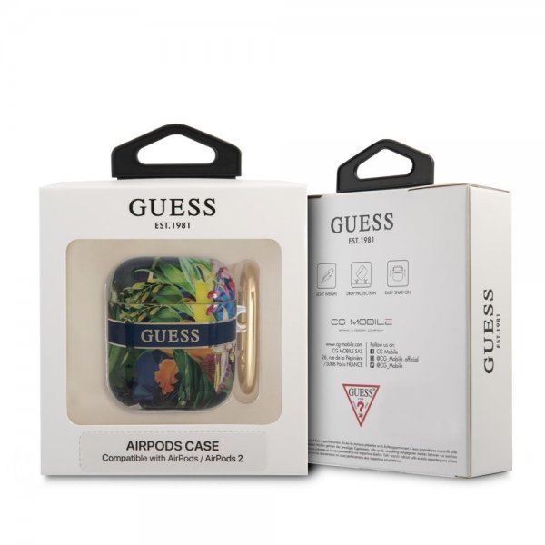 Guess AirPods 1/2-kuori kukkakuviolla ja kultaisella koukulla, sininen