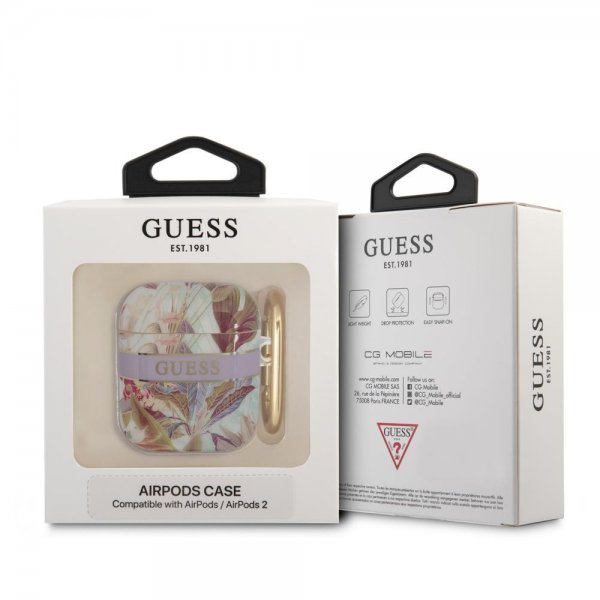 Guess AirPods 1/2 Kuoret Flower Print & Gold Hook Lila