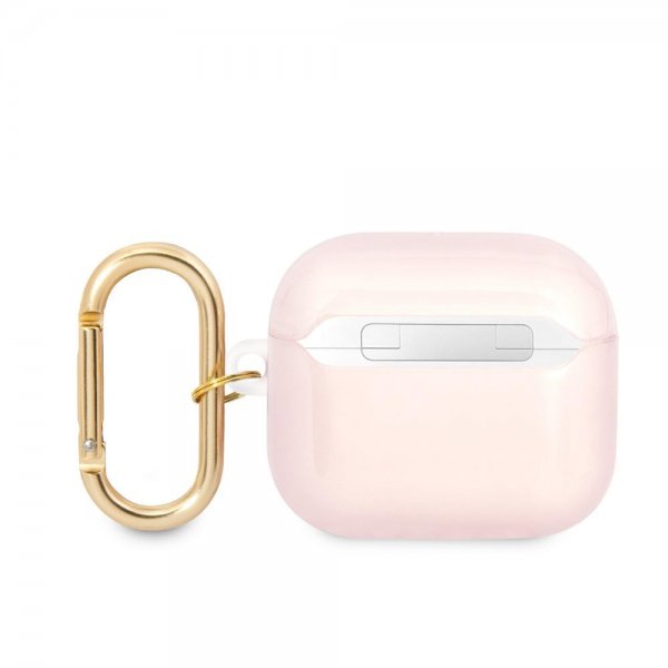 Guess AirPods 3 -kuoret painatuksella ja kultaisella koukulla, vaaleanpunainen