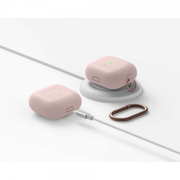 Elago AirPods 3 -silikonisuojakuori, jossa ripustuskoukku, Sand Pink