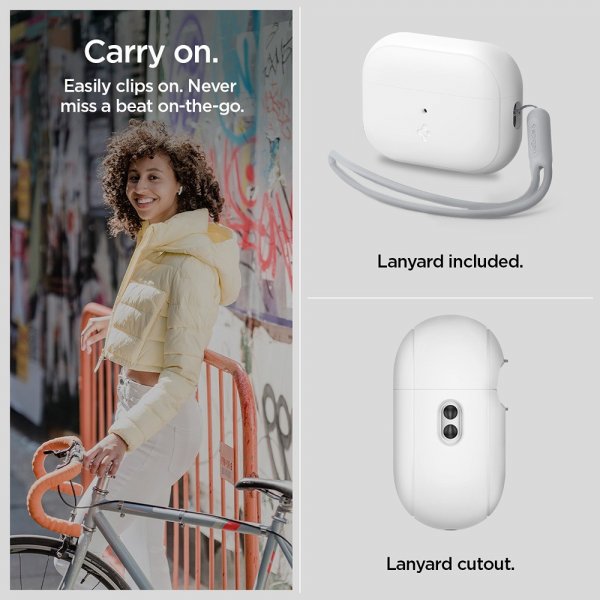 Spigen AirPods Pro 2 -kuoret, Silicone Fit + Strap, valkoinen