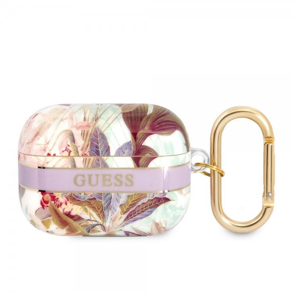 Guess AirPods Pro -kuoret kukkakuviolla ja kultaisella koukulla, violetti