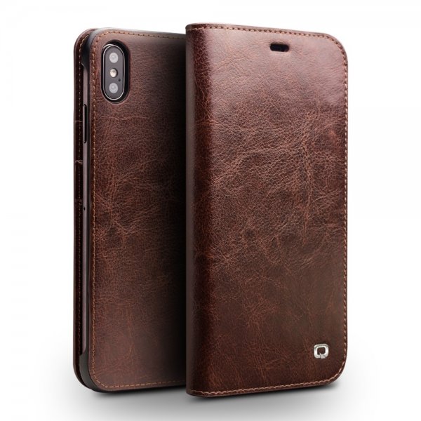 Qialino iPhone Xs Max -kotelo, aitoa nahkaa, korttipaikka, ruskea