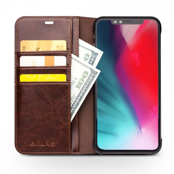 Qialino iPhone Xs Max -kotelo, aitoa nahkaa, korttipaikka, ruskea