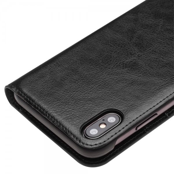Qialino iPhone Xs Max -kotelo, aitoa nahkaa, korttipaikat, musta