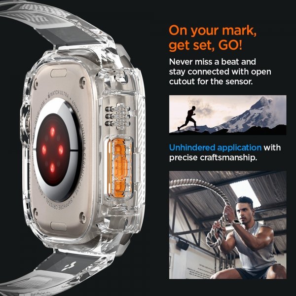 Spigen Apple Watch Ultra 49mm ranneke ja suojakotelo Rugged Armor Pro Crystal Clear