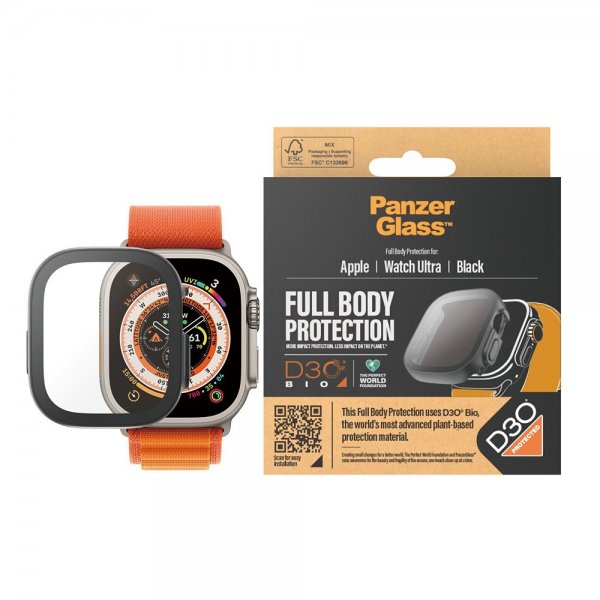 PanzerGlass Apple Watch Ultra 49mm -kuori ja näytönsuoja, koko vartalon suoja D3O musta