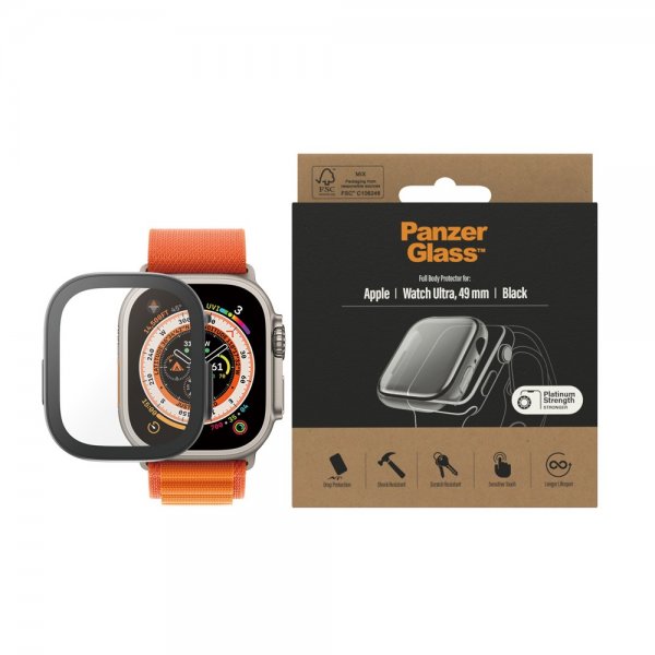 PanzerGlass Apple Watch Ultra 49mm Kotelo näytönsuojalla, täysi suoja, musta