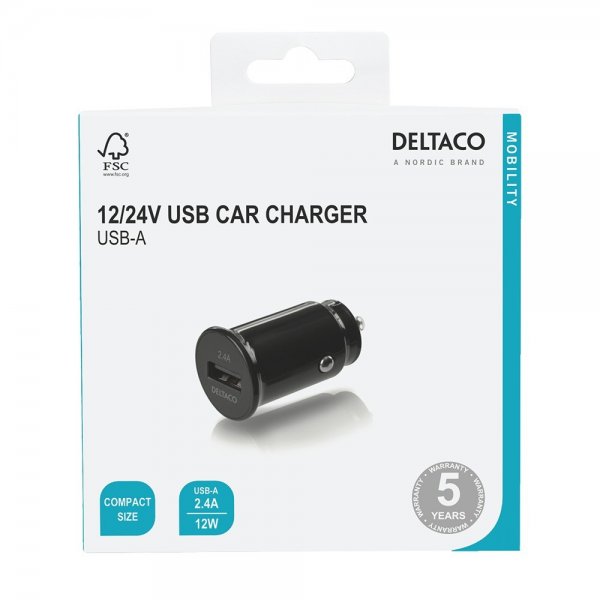 Deltaco Autolaturi 12/24V USB-A autolaturi
