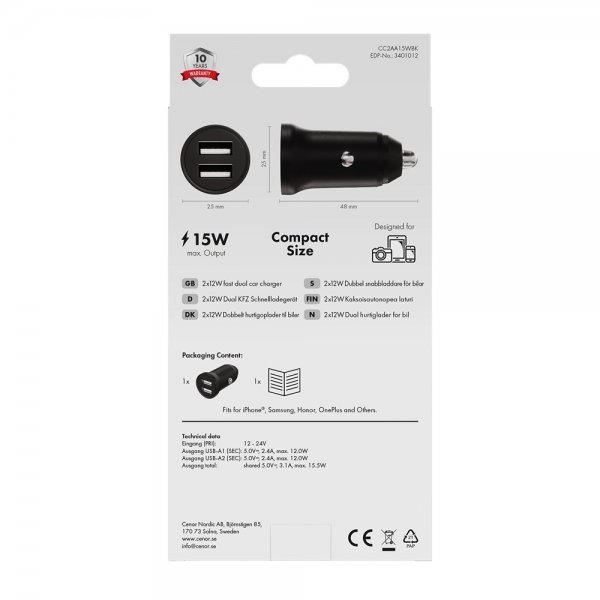 X2O autolaturi 2x12W USB-A Musta
