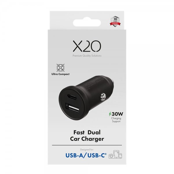 X2O Autolaturi 30W Kaksois-USB-C/USB-A GaN Musta