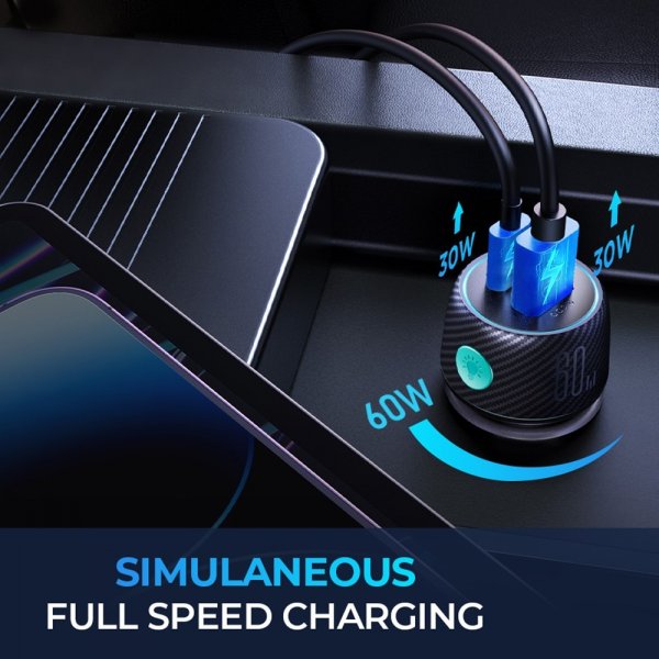 Joyroom autolaturi CCN01 60W Autolaturi valopainikkeella USB-A USB-C