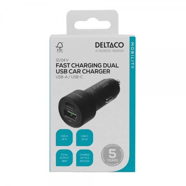 Deltaco Autolaturi Pikalataus Dual USB -autolaturi