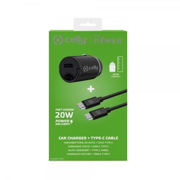 Celly-autolaturi USB-C-kaapelilla CCMINITYPEC 20W, musta