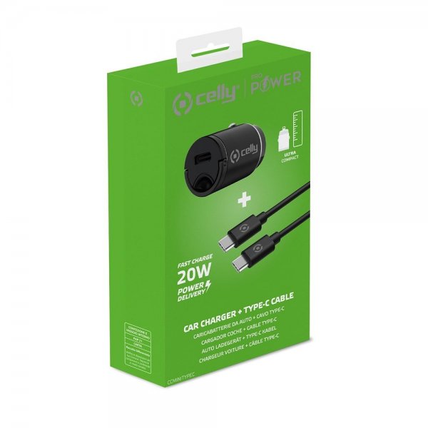 Celly-autolaturi USB-C-kaapelilla CCMINITYPEC 20W, musta