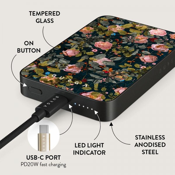 Burga Powerbank MagSafe 5000 mAh Bloomy Garden Metallinharmaa