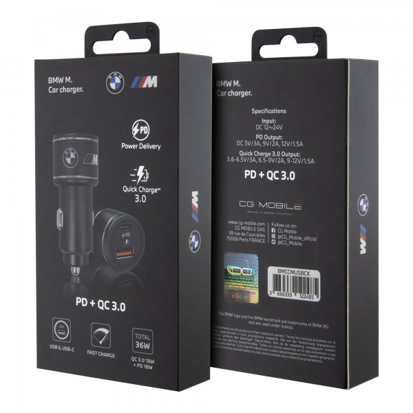 BMW Autolaturi M Car Charger USB-A/USB-C PD + QC 3.0 36W
