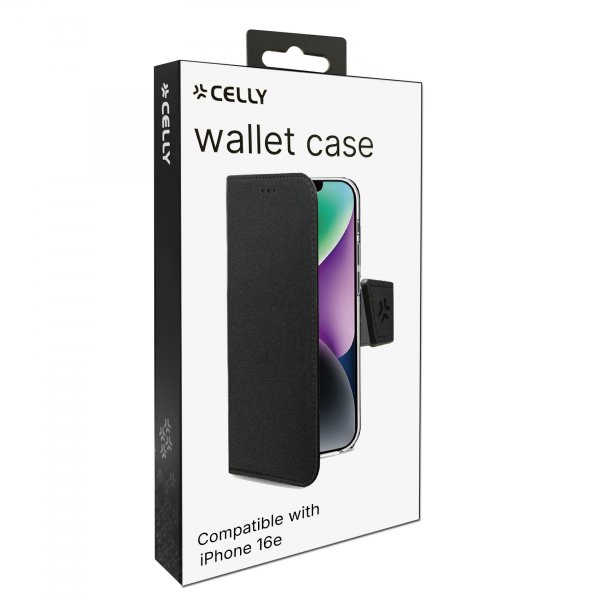 Celly iPhone 16e/17e -suojakotelo, Wally Wallet Case, musta