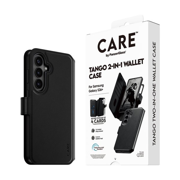 CARE by PanzerGlass Samsung Galaxy S26 Plus -kotelo Tango Two-in-One Wallet MagSafe Musta