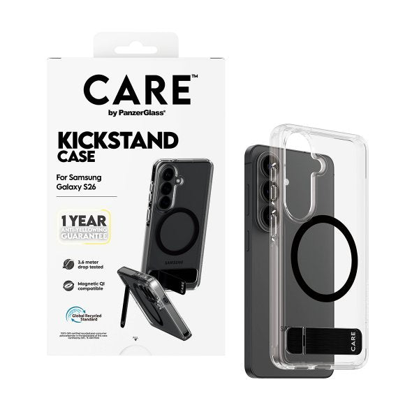 CARE by PanzerGlass Samsung Galaxy S26 -suojakuori jalustalla ja MagSafe-tuella, läpinäkyvä