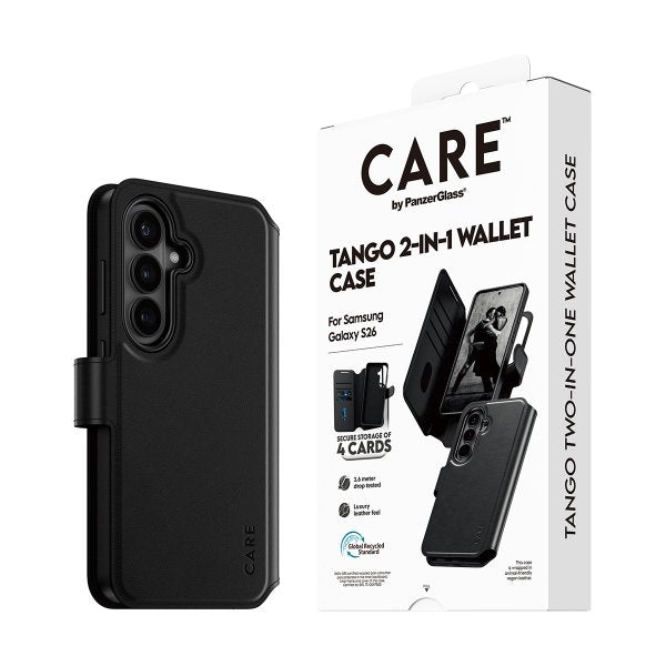 CARE by PanzerGlass Samsung Galaxy S26 -kotelo Tango Two-in-One Wallet MagSafe Musta