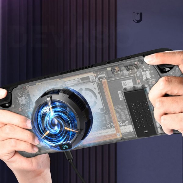 Devaso Steam Deck -kuori jalustalla ja magneettisella tuulettimella, musta
