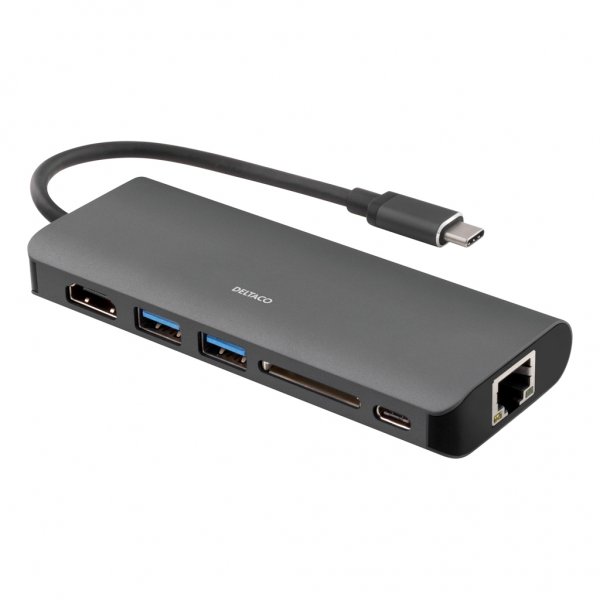 Deltaco-telakointiasema, USB-C, HDMI/RJ45/USB-C, musta