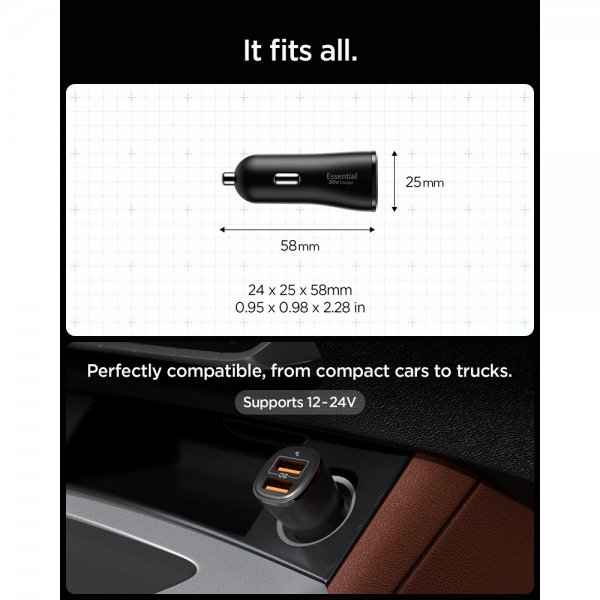 Spigen Essential Autolaturi 30W 2xUSB-A Musta