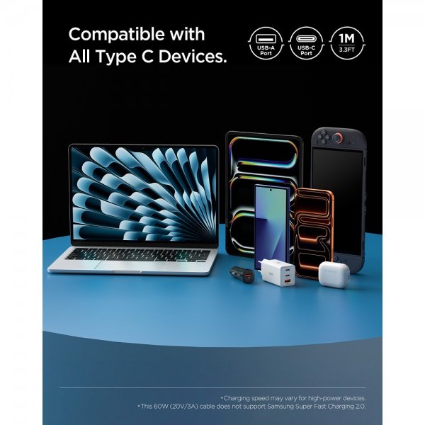 Spigen Essential -kaapeli USB-A–USB-C 60W 1m, valkoinen