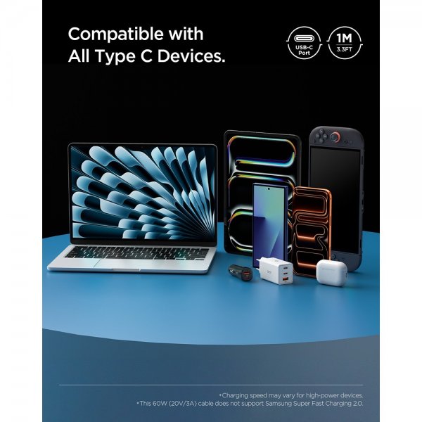 Spigen Essential USB-C–USB-C 60W 1m -kaapeli, valkoinen