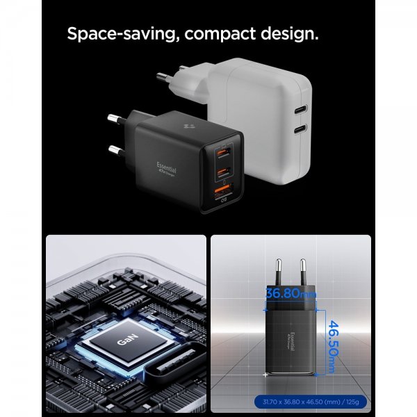 Spigen Essential laturi 47W 2xUSB-C 1xUSB-A Musta