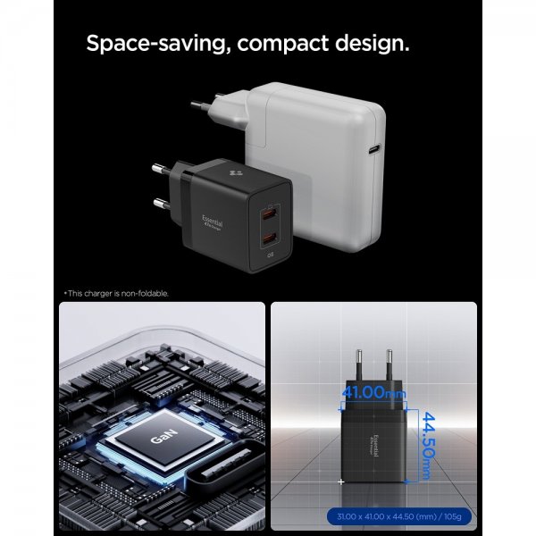 Spigen Essential -laturi 47W 2xUSB-C, musta