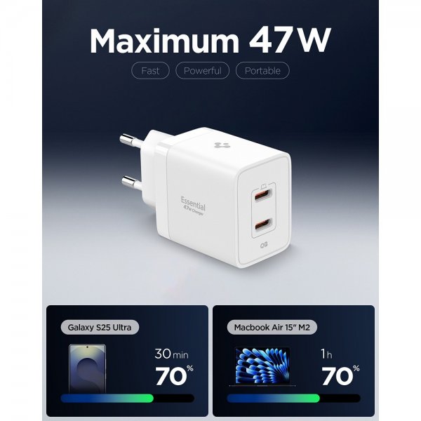Spigen Essential -laturi 47W 2xUSB-C Valkoinen