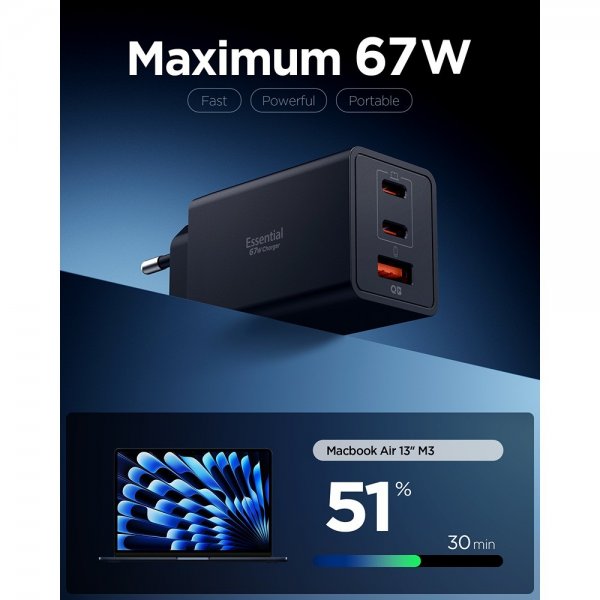 Spigen Essential -laturi 67W 2xUSB-C 1xUSB-A musta