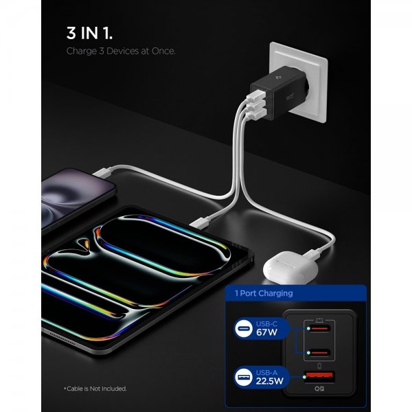 Spigen Essential -laturi 67W 2xUSB-C 1xUSB-A musta