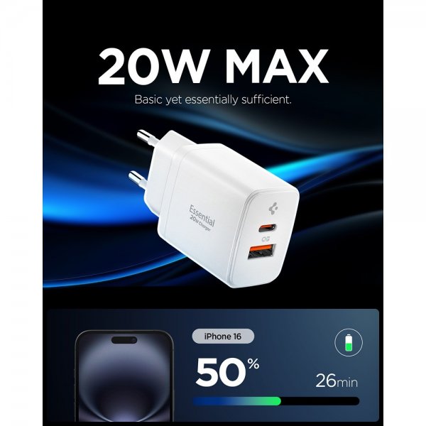 Spigen Essential laturi USB-C/USB-A 20W Valkoinen