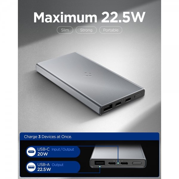 Spigen Essential Powerbank 10 000 mAh 22.5W Harmaa