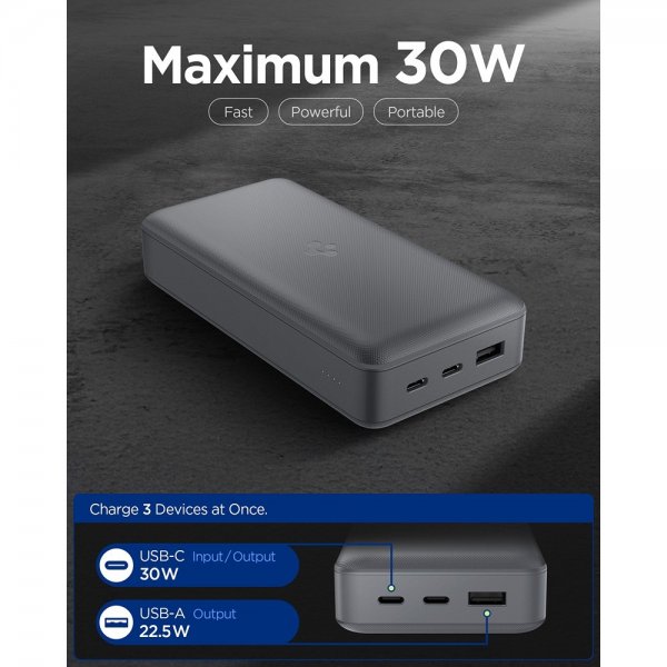 Spigen Essential Powerbank 30 000 mAh 30W Harmaa